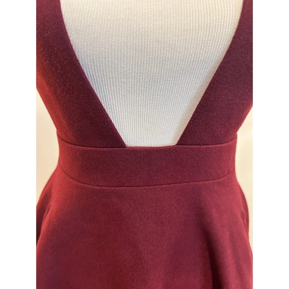 Burgundy Plunge V‎ Neck Lace Trim Wool Dress Women's Schoolgirl Anime